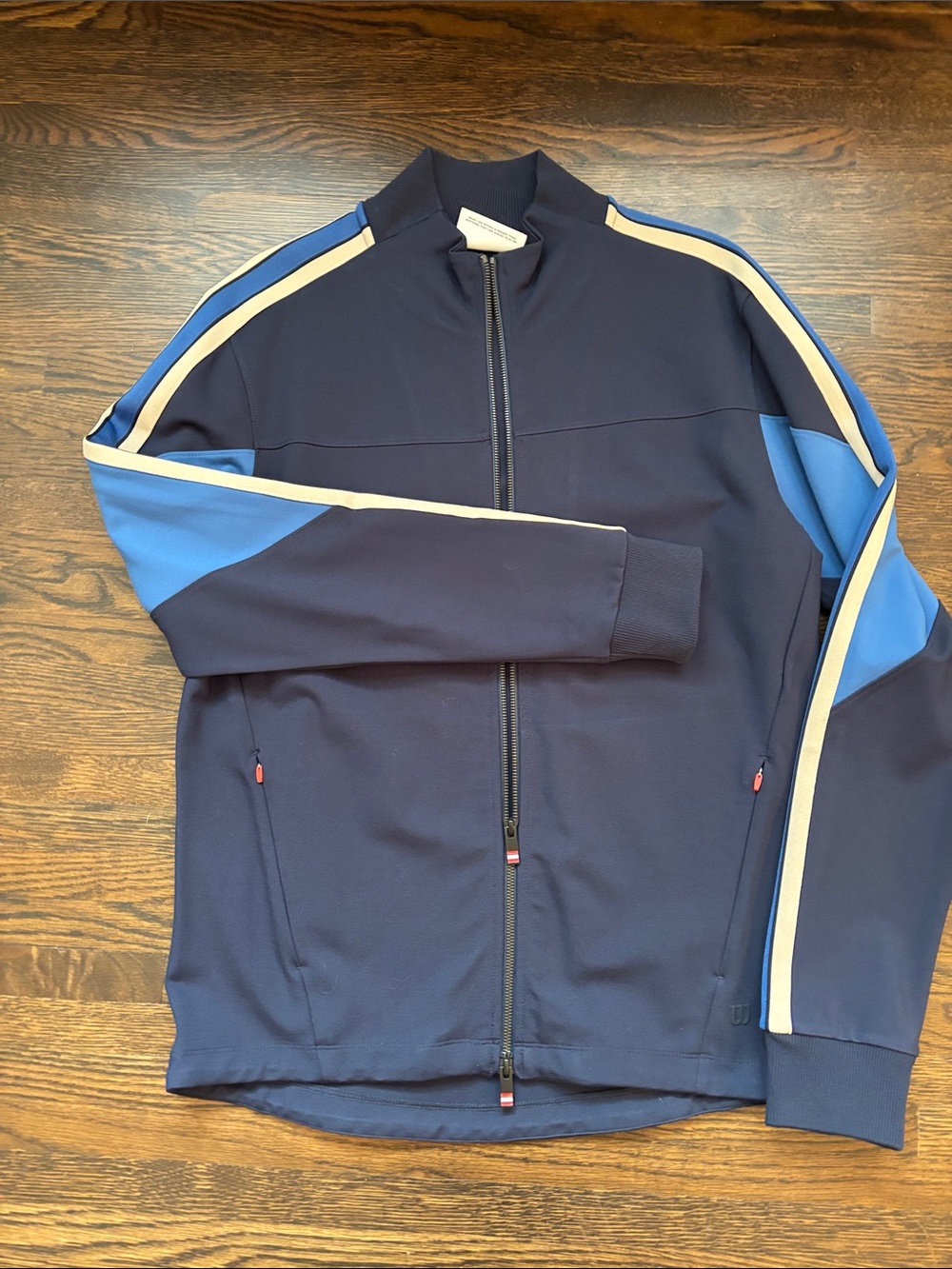 Wilson Men's Navy Blue Track Jacket with Light Blue and Cream Stripes